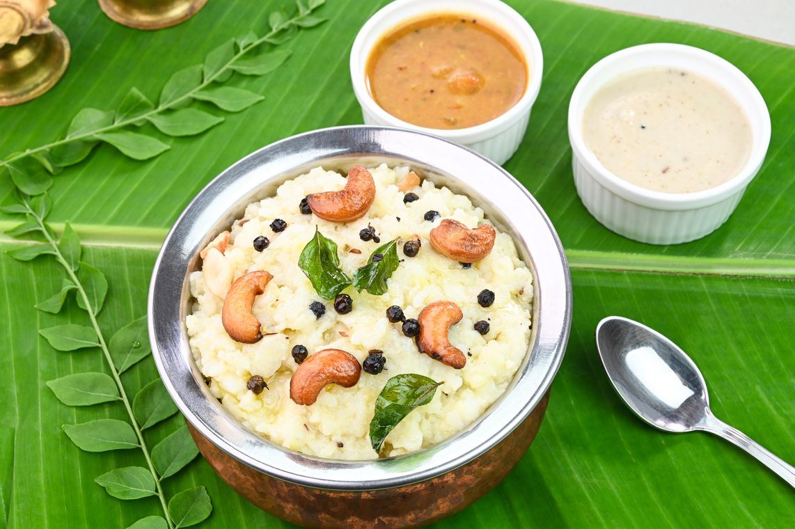Südindisches Pongal auf Bananenblatt